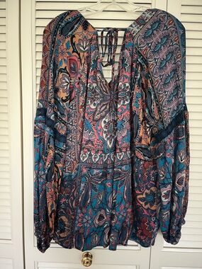 Angie Boho Multicolor Paisley Print Blouse Rayon Long Sleeve Size L